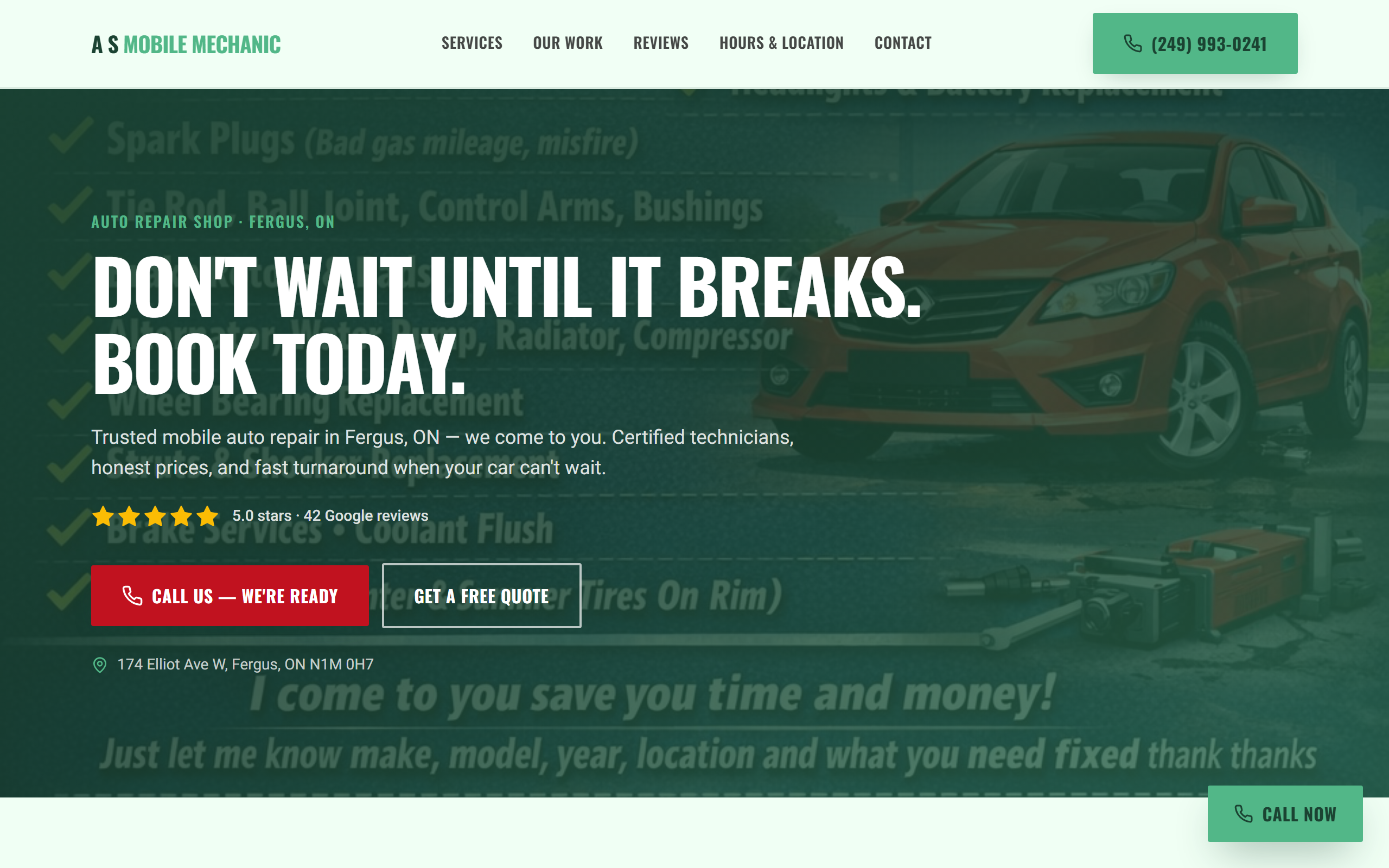 A's Mobile Mechanic website preview
